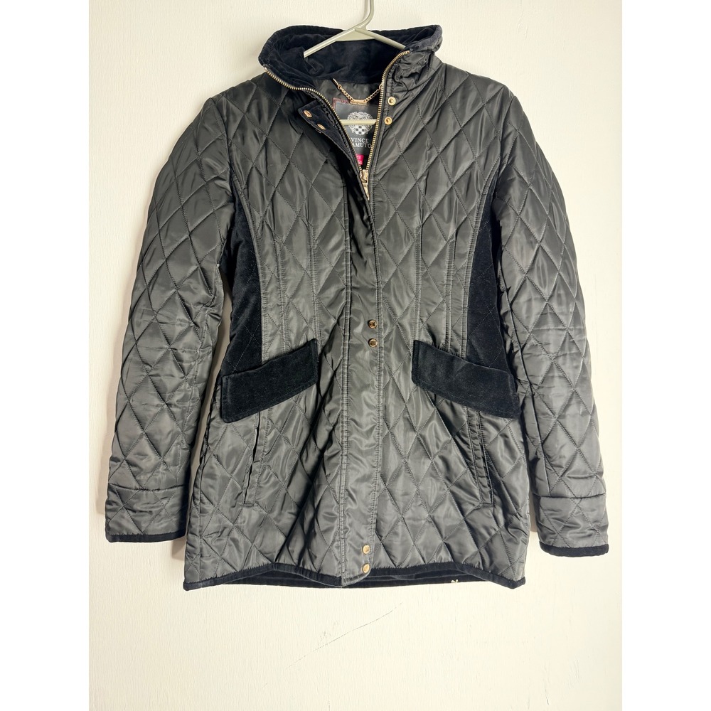 Vince Camuto Black Quilted Barn Jacket Velvet Trim Gold Hardware XS